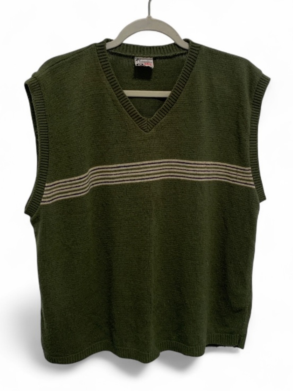 Vintage Men's Olive Green V-Neck Knit Sporty Sweater Vest